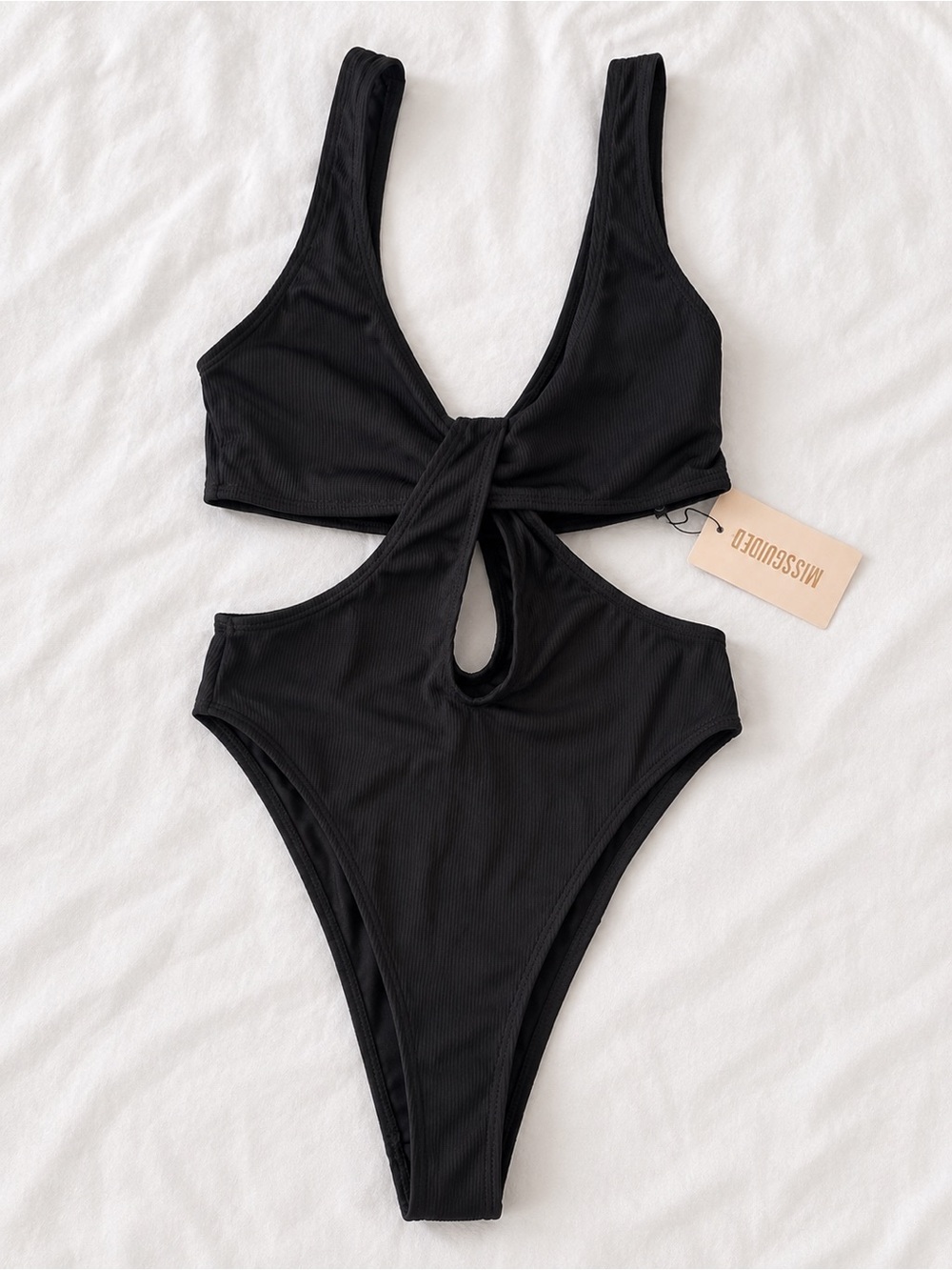Missguided Ribbed Black Cutout One-Piece Swimsuit/Bodysuit